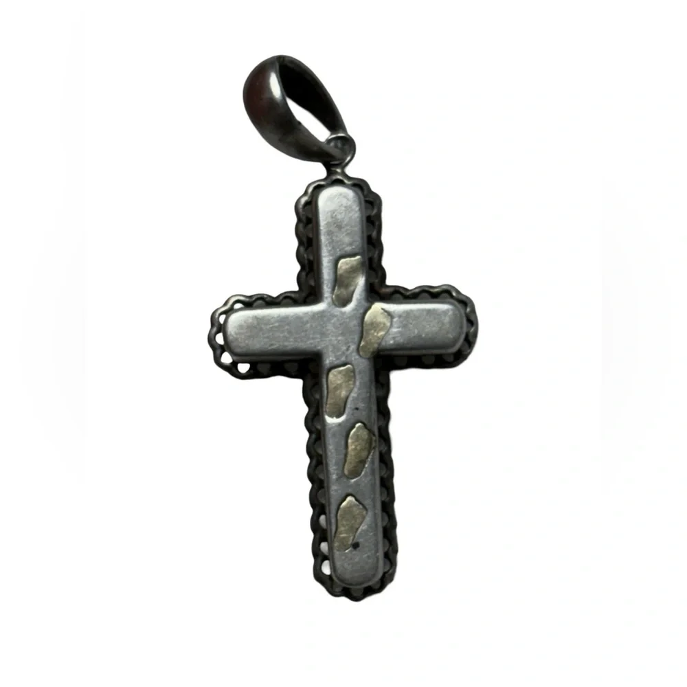 14k Gold & Sterling Silver JCM 3 Dimensional Footsteps Cross Religious Pendant